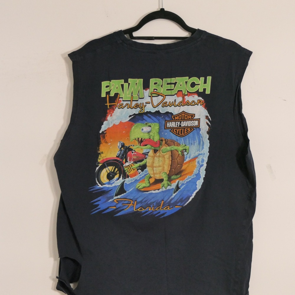 Harley Davidson Men Muscle Tee XL Black Palm Beach Florida Distressed Biker FLAW